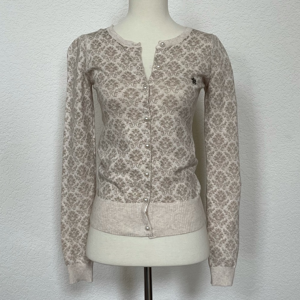 Obey cream damask pearl button cardigan sweater
